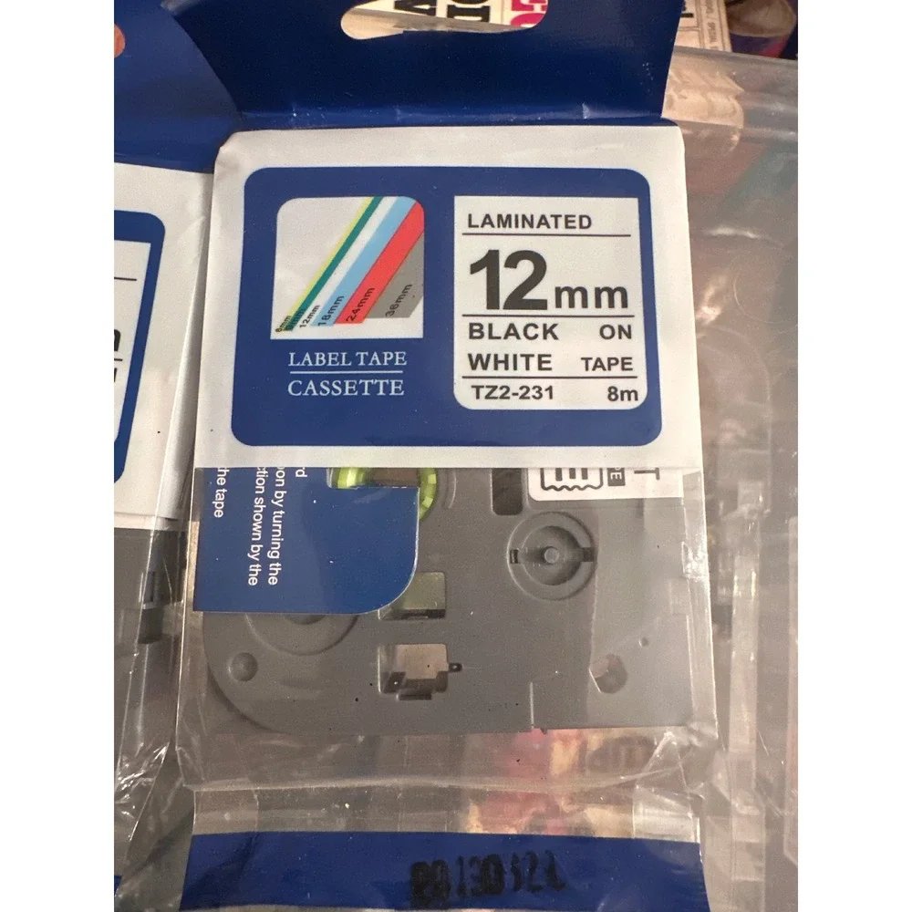 Lot of 4 TZ2-231 Label Tape 12mm 0.47 Black on White for P-Touch 8m Laminated
